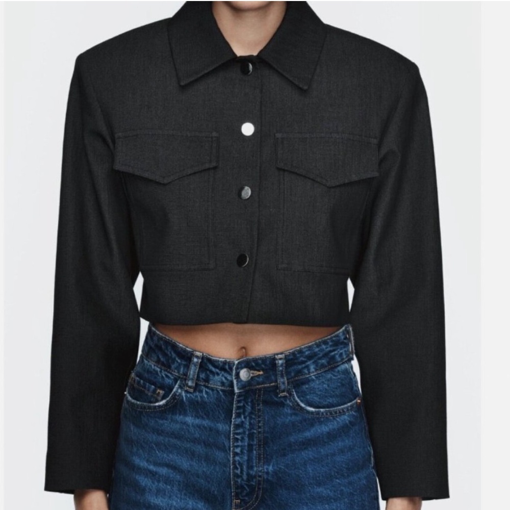 Zara Shoulder Pad Cropped Cotton Blend Jacket in Anthracite Grey Snap-Front Coat